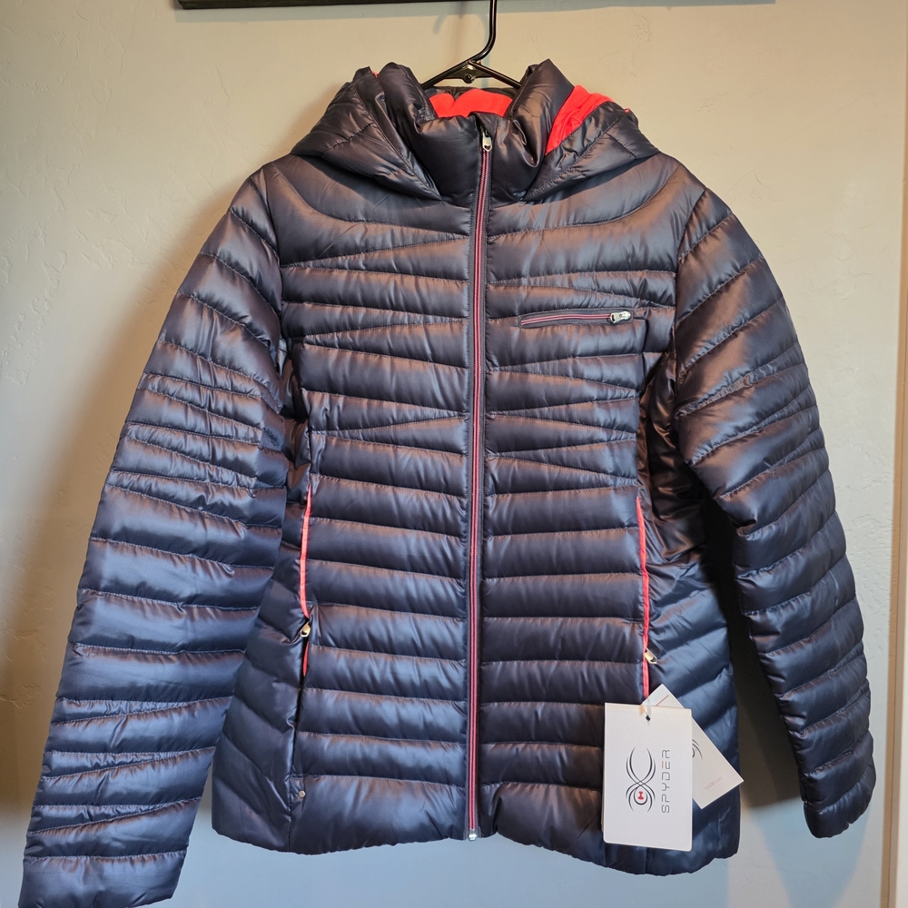Spyder Women's Timeless Hoody Down Puffer Ski Jacket, Navy And Pink, XL